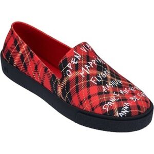 Melissa Red Plaid Graphic Text Slip On Flats Rubber Size 13